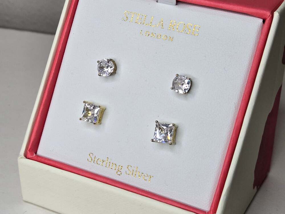 Stella Rose London Sterling Silver Cubic Zirconia 2-Pair Stud Earring Set